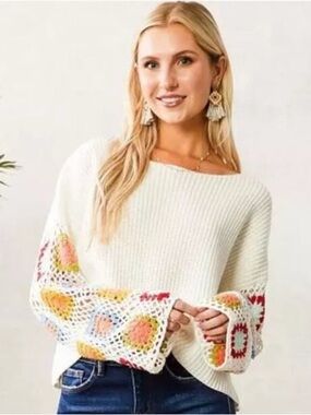Baevely Crochet Flower Knit Panel Sleeve sweater